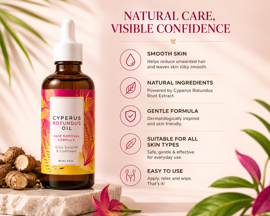 Cyperus Rotundus Hair Removal Oil bottle shown on a styled background with text callouts about natural care and visible confidence, including benefits like smooth skin and natural ingredients.