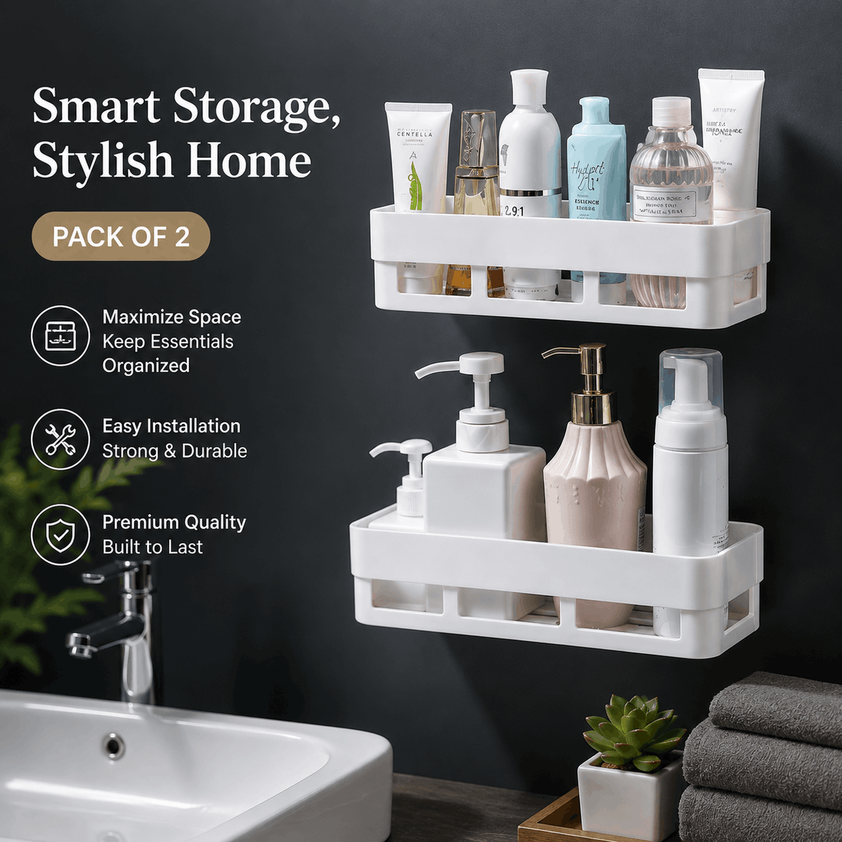 No-Drill Multipurpose Wall Shelf – Self-Adhesive Bathroom & Kitchen Organizer Rack (Pack of 2)